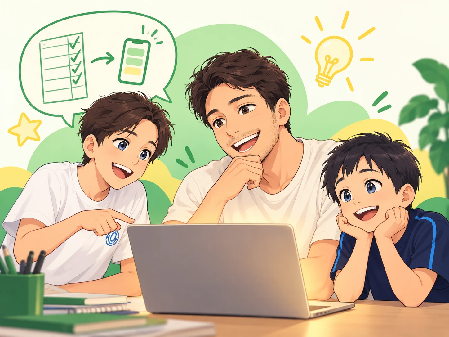 Ilustração da família conversando e criando o Zeni no computador